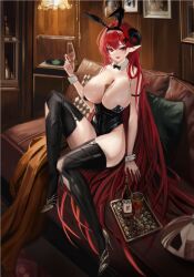 1girl absurdly_long_hair animal_ear_hairband animal_ears arm_strap azur_lane bare_shoulders black_boots black_horns black_leotard boots breasts cleavage curled_horns detached_collar diaoao_bugaoxing fake_animal_ears hair_spread_out hairband hindenburg_(azur_lane) hindenburg_(delirious_duel)_(azur_lane) horns huge_breasts leotard long_hair looking_at_viewer official_alternate_costume playboy_bunny pointy_ears rabbit_ear_hairband rabbit_ears red_eyes red_hair solo strapless strapless_leotard thigh_boots undersized_breast_cup very_long_hair