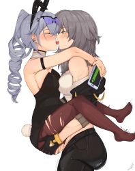 Rule 34 | 1futa, 1girl, absurdres, alternate costume, animal ears, armlet, arnkun, ass, bare shoulders, black-framed eyewear, black choker, black gloves, black jacket, black leotard, black nails, black pants, breasts, brown pantyhose, carrying, carrying person, choker, closed eyes, commentary, cowboy shot, detached collar, drill hair, drill ponytail, earclip, english commentary, fake animal ears, fake tail, french kiss, futa with female, futanari, gloves, goggles, goggles on head, grabbing another&#039;s ass, grey hair, groping, hair between eyes, hair ornament, hairclip, hairpin, half-closed eyes, handheld game console, high ponytail, highres, holding, holding handheld game console, honkai: star rail, honkai (series), implied futanari, jacket, jewelry, kiss, large breasts, leg lock, leotard, locked arms, long hair, long sleeves, looking at another, medium breasts, nail polish, no shoes, open clothes, open jacket, open mouth, pants, pantyhose, playboy bunny, ponytail, purple-tinted eyewear, pussy juice, rabbit ears, rabbit tail, sex, shirt, signature, silver wolf (honkai: star rail), simple background, standing, stelle (honkai: star rail), strapless, strapless leotard, sweat, t-shirt, tail, thigh strap, thighs, tinted eyewear, tongue, tongue out, torn clothes, torn pantyhose, trailblazer (honkai: star rail), trembling, vaginal, white background, white shirt, wing collar, yellow eyes