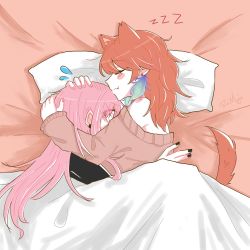 &gt;_&lt; 2girls absurdres between_breasts blush breast_smother breasts closed_eyes couple daimao1116 earrings face_to_breasts feather_earrings feathers glomp gradient_hair happy head_between_breasts highres hololive hololive_english hug jewelry mori_calliope multicolored_hair multiple_girls orange_hair pink_hair sleeping smile smother surprised takanashi_kiara under_covers virtual_youtuber yuri zzz