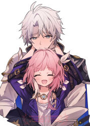 1boy 1girl blush breasts coat commentary_request cyrene_(honkai:_star_rail) dress hair_ornament highres honkai:_star_rail honkai_(series) hug hug_from_behind jewelry medium_hair multicolored_hair necklace phainon_(honkai:_star_rail) pink_hair purple_coat satorigame short_hair simple_background small_breasts smile two-tone_hair white_background white_coat white_dress white_hair