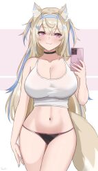 Rule 34 | 1girl, :3, animal ear fluff, animal ears, bandaid, bandaid hair ornament, black choker, black panties, blonde hair, blue hairband, blue nails, blue streaks, breasts, choker, cleavage, closed mouth, dog ears, dog girl, dog tail, fuwawa abyssgard, hair ornament, hairband, highres, holding, holding phone, hololive, hololive english, horn hairband, large breasts, long hair, navel, panties, phone, pink eyes, selfie, senpaisif, solo, tail, tank top, two side up, underwear, virtual youtuber, white tank top