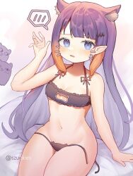 1girl animal_ear_fluff animal_ears artist_name bare_arms bare_legs bare_shoulders bed bed_sheet belly bikini blue_eyes blush breasts cat_ears cat_girl cat_lingerie cleavage_cutout clothing_cutout drawn_whiskers eyelashes front-tie_bikini_top front-tie_top gluteal_fold hair_behind_ear hair_ornament hands_up highres hololive hololive_english long_hair looking_at_another looking_at_viewer meme_attire multicolored_hair navel ninomae_ina&#039;nis open_mouth orange_hair panties purple_hair simple_background sitting small_breasts speech_bubble string_bikini string_panties swimsuit szuukie takodachi_(ninomae_ina&#039;nis) thick_thighs thighs twitter_username underwear untied_bikini very_long_hair virtual_youtuber waving white_background wide_hips