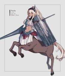 1girl armor blonde_hair breastplate breasts centaur character_name character_profile closed_mouth from_side full_body highres holding holding_polearm holding_shield holding_weapon lance long_hair looking_at_viewer medium_breasts navel original oshiruko_(tsume) pauldrons polearm ponytail rearing red_eyes shadow shield shoulder_armor simple_background solo stomach taur very_long_hair weapon white_background