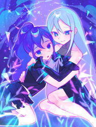 2girls absurdres asahina_mafuyu bare_shoulders black_dress black_shirt black_skirt black_sleeves black_socks blue_eyes blue_hair bright_pupils closed_mouth collarbone commentary detached_sleeves dress empty_eyes frilled_sleeves frills hair_between_eyes hand_on_another&#039;s_back hands_on_another&#039;s_back highres iro_(mywife_sunny) long_hair long_sleeves multiple_girls pleated_skirt project_sekai shirt short_sleeves side_ponytail skirt smile socks tsurime white_pupils yoisaki_kanade