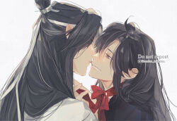2boys ahoge alternate_hairstyle bishounen black_hair black_hanfu chinese_clothes couple eye_contact face-to-face grey_eyes grin hair_down hanfu headband holding_hands imminent_kiss lan_wangji long_hair looking_at_another male_focus modao_zushi moirae multiple_boys neck_ribbon noses_touching parted_lips red_ribbon ribbon simple_background smile teeth topknot twitter_username upper_body watermark wei_wuxian white_background white_hanfu white_headband xiao_guan_(headdress) yaoi