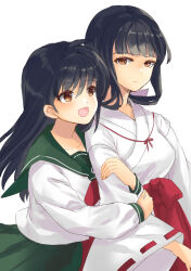Rule 34 | 2girls, :d, arm hug, black hair, closed mouth, green sailor collar, green skirt, highres, higurashi kagome, inuyasha, japanese clothes, kikyou (inuyasha), kimono, long hair, long sleeves, miko, multiple girls, neckerchief, open mouth, red neckerchief, red ribbon, red skirt, ribbon, ribbon-trimmed sleeves, ribbon trim, sailor collar, school uniform, shirt, simple background, skirt, smile, unigon (kitsutsuki), upper body, white background, white kimono, white shirt, wide sleeves