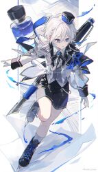 1boy :o black_boots black_hat black_ribbon black_shorts blue_eyes boots brooch center_frills foot_up frilled_shirt frills full_body gloves grey_vest hair_between_eyes hat highres inkwell jacket jewelry lace-up_boots long_sleeves looking_down male_focus mini_hat namiki_itsuki neck_ribbon open_clothes open_jacket open_mouth original pillarboxed ribbon shirt short_hair shorts sidelocks sleeve_cuffs solo standing standing_on_one_leg twitter_username vest white_gloves white_hair white_jacket white_shirt