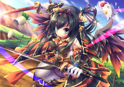 Rule 34 | armor, armored dress, bare shoulders, black hair, black wings, blue sky, breasts, dress, dual wielding, emil chronicle online, green eyes, hair ornament, hair ribbon, highres, holding, houou alma, japanese armor, katana, large breasts, long hair, ribbon, shin guards, sky, sword, thighhighs, thighs, weapon, white thighhighs, wings, yupi828