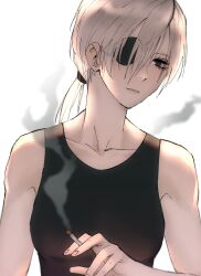 1girl absurdres bare_shoulders black_eyes black_tube_top breasts chainsaw_man cigarette collarbone expressionless eyepatch highres holding holding_cigarette kagiyama_hina low_ponytail ponytail quanxi_(chainsaw_man) simple_background small_breasts smile solo strapless tube_top tyrezal white_background white_hair