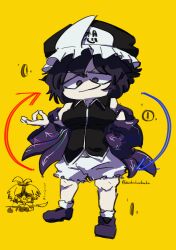 1girl 1other adagumo_no_saragimaru aodo_mikan arrow_(symbol) bare_legs bare_shoulders black_hair black_hat black_shirt blunt_bangs boots breasts buttons capelet closed_mouth clothing_cutout coin collarbone collared_shirt commentary_request cropped_torso crying double-parted_bangs frilled_headwear frilled_shorts frills frown full_body genderswap genderswap_(otf) grey_eyes hair_between_eyes hand_on_own_hip hat high_ponytail highres holding holding_polearm holding_weapon hood hood_down hooded_jacket jacket knees len&#039;en long_sleeves looking_at_viewer medium_breasts mob_cap money_slap naginata open_mouth parted_lips polearm ponytail puffy_shorts purple_boots purple_jacket shaded_face shirt shitodo_kuroji short_hair short_ponytail shorts simple_background sleeveless sleeveless_shirt smirk smug snake_tail socks solo_focus sparkle split_ponytail standing stomach_cutout tail translation_request triangular_headpiece twitter_username v-shaped_eyebrows wavy_mouth weapon white_shorts white_socks wide_sleeves yellow_background