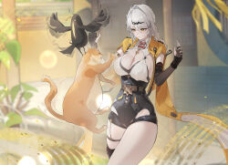 1girl absurdres asymmetrical_gloves bird black_bird black_gloves black_unitard breasts cat chinese_commentary commentary_request elbow_gloves fingerless_gloves gloves hair_ornament hairclip high-waist_shorts highres jacket large_breasts leo795 long_hair mole mole_on_chest orange_cat outdoors shorts single_elbow_glove single_thighhigh solo thighhighs white_hair yellow_eyes yellow_jacket yixuan_(zenless_zone_zero) zenless_zone_zero
