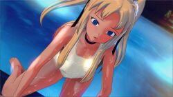 1girl 3d absurdres artist_request bare_legs blonde_hair blue_eyes blush breasts dark-skinned_female dark_skin fingernails floating full_body futaba_lili_ramses hair_ribbon hand_in_own_hair highleg highres long_hair magical_girl one-piece_swimsuit ribbon shiny_clothes shiny_skin simple_background skin_tight small_breasts solo swimming swimsuit taimanin_(series) taimanin_rpgx taimanin_suit tentacle_and_witches twintails very_long_hair water wet