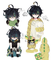 Rule 34 | +++, ..., 1boy, :t, absurdres, ajaw (genshin impact), ajaw (genshin impact) (cosplay), alternate costume, anger vein, animal ears, annoyed, antenna hair, aqua pants, averting eyes, bishounen, black gloves, black hair, black shirt, blonde streaks, cat boy, cat ears, clothes around waist, commentary request, cosplay, crossed arms, crossed bangs, dinosaur costume, double-parted bangs, ears down, elbow gloves, expressionless, eyewear on headwear, facing down, fake tail, genshin impact, gloom (expression), gloves, green eyes, green headband, gurh32, hands in pockets, head down, headband, highres, holding, holding pillow, hood, hood down, hood up, hungry, indian style, jitome, kemonomimi mode, kinich (genshin impact), korean commentary, korean text, leaning forward, light blush, lollipop in mouth, long sleeves, looking to the side, male focus, mouth hold, multicolored hair, multiple views, onesie, pants, parted lips, pillow, pout, shirt, short hair, short sleeves, shout lines, simple background, sitting, sleeves past fingers, sleeves past wrists, slit pupils, speech bubble, spoken anger vein, spoken ellipsis, streaked hair, sunglasses, sweatdrop, tail, translation request, two-tone hair, very short hair, white background, yellow eyes, yellow tail, zipper