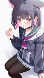 1girl absurdres animal_ears black_choker black_hair black_jacket black_pantyhose blue_archive blunt_bangs blunt_ends blush cat_ears cat_girl choker colored_inner_animal_ears colored_inner_hair commentary crumbs extra_ears food food_on_face green_sailor_collar hand_up highres holding holding_food jacket kazusa_(blue_archive) long_sleeves looking_at_viewer multicolored_hair neckerchief pantyhose pink_eyes pink_hair pink_neckerchief purple_neckerchief red_eyes sailor_collar school_uniform serafuku shirt short_hair simple_background sitting skirt solo two-tone_hair wendao white_background white_serafuku white_shirt white_skirt