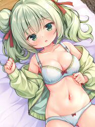 1girl bow bow_panties bra collarbone double_bun flustered gluteal_fold green_eyes green_hair green_jacket hair_bun hair_ribbon highres jacket lying navel on_back on_bed open_mouth original panties red_ribbon ribbon sekine_irie track_jacket twintails underwear