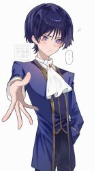 1boy absurdres alternate_costume ascot black_pants blunt_ends blush closed_mouth coat cowboy_shot eyeliner eyeshadow formal_clothes genshin_impact gold_trim highres long_sleeves looking_down makeup male_focus nero_hanken offering_hand open_clothes open_coat open_hand pants purple_coat purple_eyes purple_hair purple_sleeves purple_vest reaching reaching_towards_viewer red_eyeliner red_eyeshadow scaramouche_(genshin_impact) solo vest watermark white_ascot white_background white_undershirt wispy_bangs