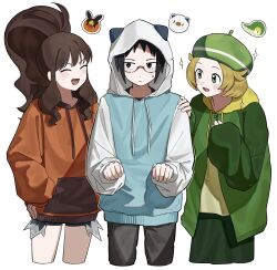 1boy 2girls bianca_(pokemon) black_hair black_pants blonde_hair blue_jacket blue_shorts blush brown_hair cheren_(pokemon) closed_eyes cropped_legs drawstring gen_5_pokemon glasses green_eyes green_jacket green_skirt grey_eyes hand_on_another&#039;s_shoulder hand_on_own_hip high_ponytail highres hilda_(pokemon) hood hood_up hooded_jacket jacket long_hair multiple_girls nintendo open_mouth orange_jacket oshawott pants pokemon pokemon_bw ponytail short_hair shorts simple_background skirt small_sweatdrop smile snivy tepig umebosi_nigame white_background