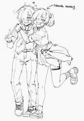 1boy 1girl ahoge arrow_(symbol) blush clothes_around_waist english_text fang fishnets hair_ornament hair_over_one_eye heart hug jacket jacket_around_waist k-rha&#039;s kamiko_(k-rha) long_sleeves multiple_piercings necktie one_eye_covered open_mouth original piercing school_uniform shirt shoes short_hair skirt smile sneakers socks spike_piercing teeth twintails v