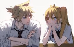 1boy 1girl ? akita_neru antenna_hair backlighting black_bow black_bowtie black_necktie blonde_hair blue_eyes bow bowtie breasts closed_mouth collarbone collared_shirt commentary_request crossed_arms diagonal-striped_bow diagonal-striped_bowtie diagonal-striped_clothes diagonal-striped_necktie double-parted_bangs eye_contact hair_between_eyes hands_on_own_cheeks hands_on_own_face hands_up high_side_ponytail highres kagamine_len lips long_hair looking_at_another male_focus necktie ponytail school_uniform shirt short_hair short_ponytail short_sleeves side_ponytail sideways_glance simple_background small_breasts striped_clothes tetorutti35 three-quarter_sleeves upper_body vocaloid white_background white_shirt yellow_eyes
