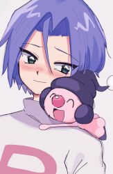 1boy ameya_(okemu_ame) blue_hair blush closed_eyes gen_4_pokemon green_eyes happy highres james_(pokemon) looking_to_the_side male_focus mime_jr. nintendo pokemon pokemon_(anime) pokemon_(creature) team_rocket team_rocket_uniform teardrop tears white_background