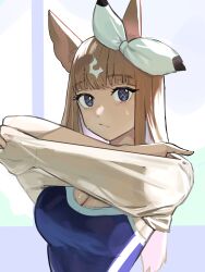 +_+ 1girl almond_eye_(umamusume) animal_ears blue_eyes blue_hair blue_one-piece_swimsuit bow bow_hairband breasts brown_hair cleavage closed_mouth colored_inner_hair commentary_request hairband highres horse_ears horse_girl large_breasts long_hair looking_at_viewer multicolored_hair one-piece_swimsuit solo solokitsune swimsuit symbol-shaped_pupils tracen_swimsuit umamusume upper_body white_bow white_hairband x-shaped_pupils
