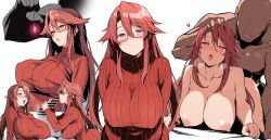 1girl all_fours alternate_eye_color aty_(summon_night) bar_censor batta_16-sei blue_eyes blush breasts breath censored closed_mouth coin coin_on_string collarbone commentary completely_nude covered_erect_nipples curtained_hair dark-skinned_male dark_skin doggystyle drooling empty_eyes erection faceless faceless_male fellatio glasses grabbing_another&#039;s_hair hair_between_eyes half-closed_eyes hand_on_another&#039;s_head heart heart-shaped_pupils hetero highres holding_another&#039;s_hair hypnosis large_breasts licking licking_penis long_hair long_sleeves looking_at_viewer mind_control multiple_views nipples nude open_mouth oral parted_bangs penis red-framed_eyewear red_eyes red_hair red_sweater ribbed_sweater rolling_eyes saliva semi-rimless_eyewear sex sex_from_behind sidelocks simple_background smile summon_night sweat sweater symbol-shaped_pupils tongue torogao turtleneck turtleneck_sweater upper_body white_background