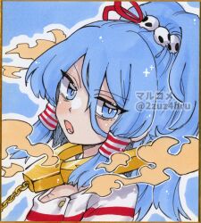 1girl 2zuz4hru blue_eyes blue_hair chain cuffs hair_ornament hair_tubes handcuffs marker_(medium) miyadeguchi_mizuchi ponytail prison_clothes purple_stripes shackles shirt skull_hair_ornament solo striped_clothes striped_shirt touhou traditional_media
