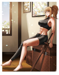1girl abs absurdres asymmetrical_clothes bare_arms bare_shoulders barefoot black_leggings black_tank_top blonde_hair box breasts chinese_commentary commentary_request covered_collarbone fax61209 from_side green_eyes hair_between_eyes halterneck high_ponytail highres indoors kono_subarashii_sekai_ni_shukufuku_wo! large_breasts leggings legs looking_at_viewer medium_hair muscular muscular_female painting_(object) parted_lips ponytail ponytail_with_braided_base rakless_(konosuba) shadow sideboob sidelocks single_bare_leg single_pantsleg sitting smile steaming_body sweat sword tank_top thighs turtleneck very_sweaty weapon window wooden_sword