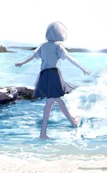 1girl alternate_costume beach black_skirt dow_suitable from_behind highres kaga_sumire lupinus_virtual_games medium_hair necktie ocean outdoors partially_submerged pleated_skirt purple_necktie shirt short_sleeves skirt solo standing virtual_youtuber vspo! white_hair white_shirt