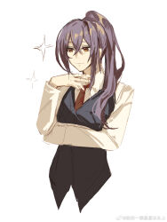 1girl bang_dream! black_vest chinese_commentary commentary_request feiyu30903448 hair_between_eyes highres long_hair long_sleeves necktie ponytail purple_hair red_eyes red_necktie seta_kaoru shirt sidelocks simple_background solo sparkle vest watermark weibo_watermark white_background white_shirt