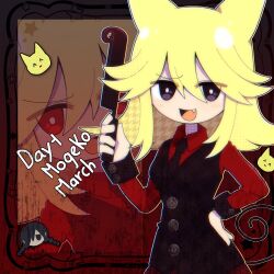 1girl amitaff5 animal_ears black_background black_eyes black_necktie black_vest blonde_hair bright_pupils buttons cat_ears cat_tail chibi chibi_inset chromatic_aberration collared_shirt english_text fang funamusea funamusea_(style) gradient_background hand_on_own_hip highres holding holding_knife knife kurai_yonaka medium_hair moge-ko mogeko_(species) mogeko_castle necktie open_mouth outline red_background red_shirt red_theme shirt smile tail upper_body vest white_outline white_pupils zoom_layer
