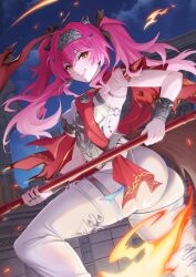 1girl absurdres armor ass bare_shoulders black_bow bodysuit boots bow breastplate breasts commentary earrings grin hair_bow hairband highres jewelry large_breasts long_hair looking_at_viewer lupa_(wuthering_waves) metal_hairband multiple_hair_bows naeaemgung pink_hair red_pupils red_sash sash smile solo tacet_mark_(wuthering_waves) thigh_boots twintails white_bodysuit white_boots wuthering_waves yellow_eyes