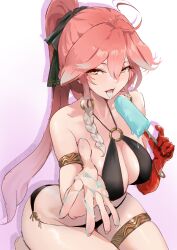 Rule 34 | 1girl, absurdres, alternate costume, armlet, bare shoulders, bikini, black bikini, black bow, bow, braid, breasts, changli (wuthering waves), chinese commentary, colored extremities, commentary request, cyk (cyk451), food, hair between eyes, hair bow, hair extensions, hand up, highres, holding, holding food, holding popsicle, jewelry, large breasts, long hair, looking at viewer, open mouth, pink hair, popsicle, red hands, ring hair extensions, solo, swimsuit, thighlet, thighs, tongue, tongue out, very long hair, wuthering waves, yellow eyes