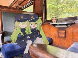 2girls blue_archive byako_(srktn) closed_eyes gloves green_hair hat highres hikari_(blue_archive) long_hair long_sleeves multiple_girls nozomi_(blue_archive) open_mouth pantyhose peaked_cap photo_background pointy_ears siblings sisters sitting skirt sleeping twins twintails white_gloves white_pantyhose