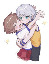 aged_down armband black_shorts blue_trim blush_stickers brown_hair closed_eyes closed_mouth collared_shirt commentary_request cropped_legs green_eyes grey_hair highres hug kingdom_hearts looking_at_another open_mouth popped_collar red_shorts riku_(kingdom_hearts) shirt short_sleeves shorts simple_background sleeveless sleeveless_shirt smile sora_(kingdom_hearts) star_(symbol) tongue tsuba_258 white_background white_shirt yellow_shirt
