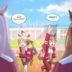 Rule 34 | 4girls, animal ears, asymmetrical gloves, blonde hair, bow, brown hair, closed eyes, ear ornament, ear ribbon, gigi murin, gloves, high ponytail, highres, hololive, hololive english, horse ears, horse girl, horse tail, horseshoe ornament, kemonomimi mode, mismatched gloves, mori calliope, multicolored hair, multiple girls, pink hair, ponytail, running, school uniform, shep ww, smile, streaked hair, symboli rudolf (umamusume), tail, tokai teio (umamusume), tracen school uniform, tracen training uniform, two-tone hair, umamusume, virtual youtuber