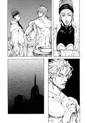 basin beehive_hairdo comic dio_brando facial_mark greyscale jojo_no_kimyou_na_bouken merumeru626 monochrome scar scar_on_neck screentones silent_comic stardust_crusaders stitched_neck stitches terence_t._d&#039;arby topless_male towel
