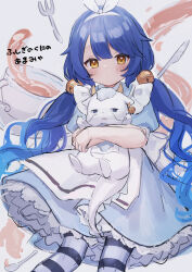 Rule 34 | amamiya kokoro, animal, animal ear hairband, animal ears, bell, blue hair, blush, cat, closed mouth, commentary, crossed arms, dress, fake animal ears, fork, frilled dress, frills, hair bell, hair between eyes, hair ornament, hairband, highres, holding, holding animal, holding cat, jingle bell, knife, long hair, looking at viewer, meibi 1, nijisanji, pet, rabbit ear hairband, rabbit ears, socks, spoon, striped clothes, striped socks, tail, translated, very long hair, virtual youtuber, yellow eyes