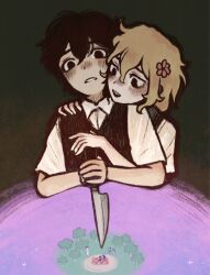 Rule 34 | 2girls, 5boys, aubrey (headspace) (omori), aubrey (omori), basil (faraway) (omori), basil (omori), black eyes, black hair, black sweater vest, collared shirt, flower, green sweater vest, hair flower, hair ornament, hero (headspace) (omori), hero (omori), highres, holding, holding knife, kel (headspace) (omori), kel (omori), knife, mari (headspace) (omori), mari (omori), multiple boys, multiple girls, omori, omori (omori), open mouth, ottie pops, parted lips, purple hair, shirt, short hair, sunny (omori), sweater vest, teeth, upper teeth only, white shirt