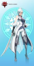 1girl arm_cutout black_gloves blue_eyes boots character_name closed_mouth copyright_name full_body gloves grey_boots high_heel_boots high_heels highres holding holding_sword holding_weapon pants rwby short_hair silver_hair solo standing swept_bangs sword thigh_boots thighhighs uyalago weapon white_pants winter_schnee