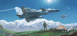 1girl absurdres aerial_battle aircraft airplane battle blue_sky chengdu_j-10 dassault_rafale dogfight fighter_jet helmet highres indian_air_force jf-17_thunder lens_flare letterboxed military_vehicle mountainous_horizon original painting_(medium) pakistan_air_force pl-15 ponytail revision shouhui_lang_qun signature sky solo sun traditional_media vehicle_focus war wreckage