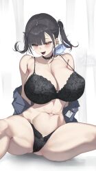 1girl absurdres annasui_factory arms_behind_back asymmetrical_bangs black_bra black_collar black_hair black_jacket black_panties blush bra breasts cleavage collar collarbone goddess_of_victory:_nikke grin highres huge_breasts id_card jacket long_hair mole mole_under_eye naughty_face navel open_clothes open_jacket open_mouth panties red_eyes saliva simple_background sitting smile solo sora_(nikke) stomach thighs twintails underwear undressing white_background