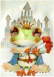 Rule 34 | 1boy, animal focus, aozomeee, belt, blue gemstone, blue robe, blush, bouquet, castle, colored skin, commentary request, crown, flower, frog, frog boy, frog prince (character), frown, full body, fur-trimmed robe, fur trim, gem, green skin, highres, holding, holding bouquet, looking at viewer, multicolored skin, orange skin, original, painting (medium), red eyes, red flower, red gemstone, red rose, robe, rose, solo, traditional media, watercolor (medium)