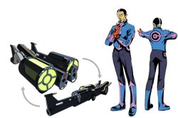 1boy arrow_(symbol) boots reference_sheet facial_hair gloves goatee golden_smith jacket male_focus mustache official_art promotional_art short_hair tailenders transformation vehicle
