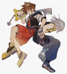 2boys arm_up belt black_gloves blue_belt blue_eyes blue_pants brown_hair charm_(object) closed_mouth fingerless_gloves full_body gloves green_eyes grey_hair highres jacket keyblade kingdom_hearts kingdom_hearts_i looking_at_viewer male_focus mim_(mimya0600) multiple_boys pants red_shirt red_shorts riku_(kingdom_hearts) shirt shoes short_hair short_sleeves shorts simple_background single_bare_shoulder sleeveless sleeveless_shirt sora_(kingdom_hearts) spiked_hair unzipped white_background white_gloves yellow_shoes zipper