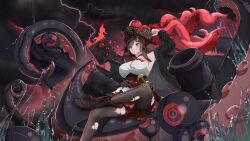 1girl absurdres arm_up azur_lane bjayers black_hair black_jacket boots breasts brown_boots brown_pantyhose cannon commentary corset cutlass english_commentary foot_out_of_frame hat highres jacket large_breasts lightning looking_at_viewer open_clothes open_jacket pantyhose pirate pirate_costume pirate_hat rain red_corset red_eyes royal_fortune_(azur_lane) sheath sheathed smile solo tentacle_hair tentacles torn_clothes torn_pantyhose water_drop