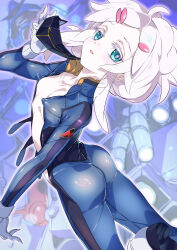 1girl absurdres ass black_mask blue_bodysuit blue_eyes blush bodysuit colored_eyelashes commentary_request covered_erect_nipples deux_murasame flat_chest freckles from_behind gundam gundam_00 gundam_gquuuuuux hair_bun highres holding holding_mask impossible_clothes long_hair looking_at_viewer looking_back mask mecha mecha_pilot_suit mobile_suit mouth_mask niko_(tama) normal_suit_(gundam) open_mouth pointy_breasts psycho_gundam_(gquuuuuux) robot science_fiction shiny_clothes shiny_skin skin_tight solo standing updo v-fin white_eyelashes white_hair