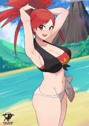 Rule 34 | 1girl, :d, absurdres, arm behind head, armpits, arms up, artist logo, artist name, bandeau, bare shoulders, bikini, bikini bottom only, black shirt, blue sky, blush, breasts, cleavage, cloud, cloudy sky, collarbone, crop top, dirt road, flannery (pokemon), hair tie, highres, hill, kaos art, large breasts, logo, long hair, looking at viewer, navel, nintendo, open mouth, outdoors, patreon username, pokemon, pokemon oras, ponytail, red bandeau, red eyes, red hair, river, road, sand, shirt, side-tie bikini bottom, sideboob, sky, sleeveless, sleeveless shirt, smile, solo, split ponytail, standing, stomach, strapless, swimsuit, thick thighs, thighs, tied shirt, v-shaped eyebrows, volcano, water, white bikini