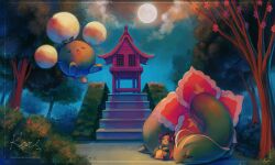 artist_name bellossom closed_eyes cloud commentary english_commentary forest game_freak gen_2_pokemon highres jumpluff koriarredondo meganium moon nature night night_sky nintendo no_humans pokemon pokemon_(creature) signature sky sleeping tree watermark web_address