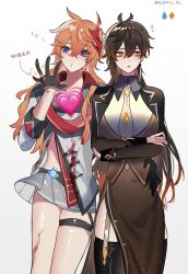 2girls genderswap genderswap_(mtf) genshin_impact hand_on_another&#039;s_hip hand_on_another&#039;s_waist highres long_hair looking_to_the_side multiple_girls notice_lines pink_heart sidao_al tartaglia_(genshin_impact) white_background zhongli_(genshin_impact)